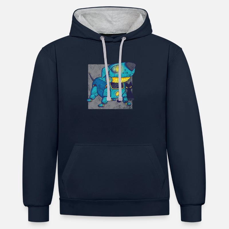 Chien robot rétro - Sweat à capuche contrasté - bleu marine/gris chiné
