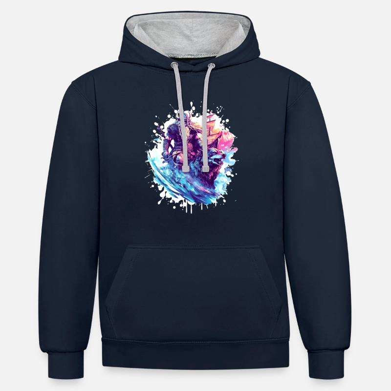 Viking Loup Guerrier Valhalla - Sweat à capuche contrasté - bleu marine/gris chiné