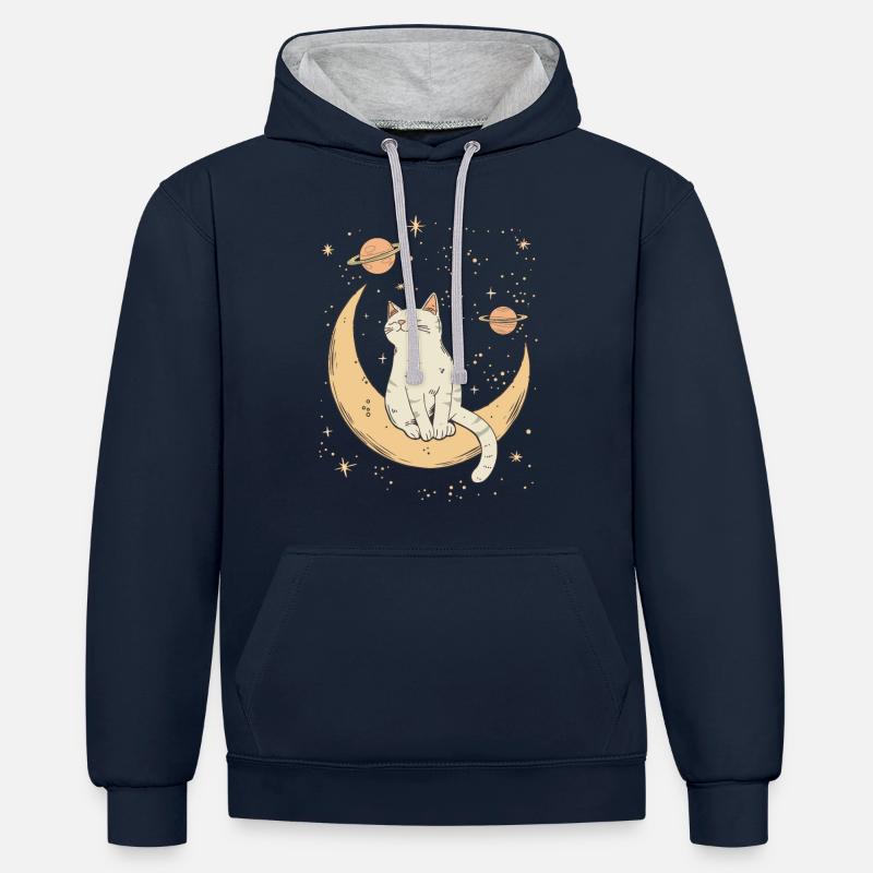 Chat de la lune - Sweat à capuche contrasté - bleu marine/gris chiné