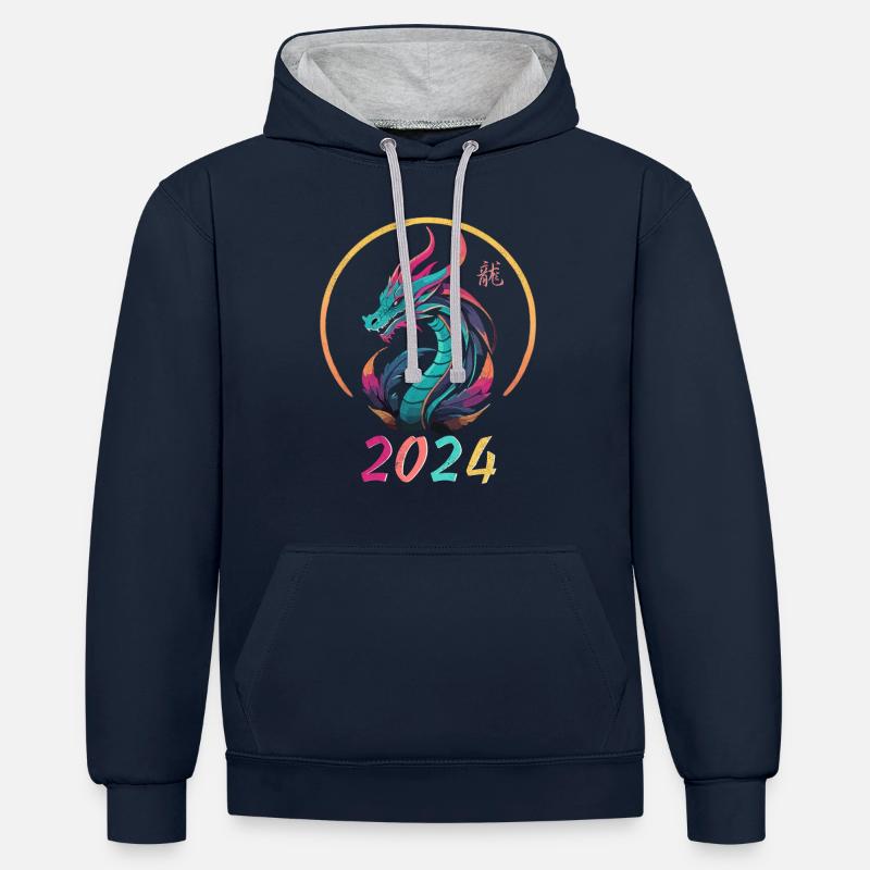 Année du dragon 2024 - Sweat à capuche contrasté - bleu marine/gris chiné