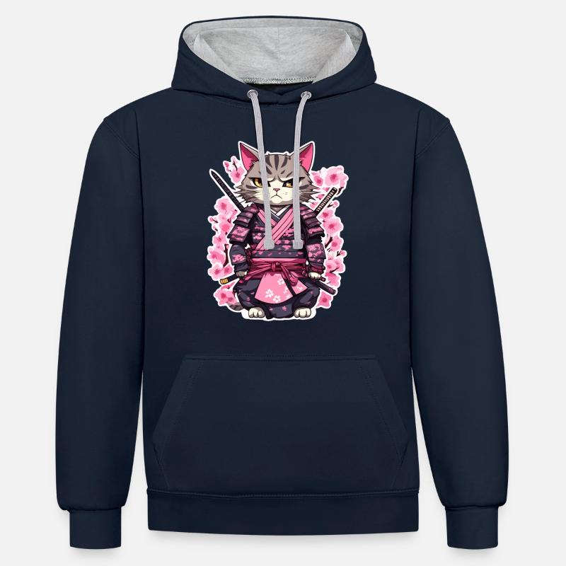 Samurai Cat & Cherry Blossoms #7 - Contrast hoodie - navy/heather grey