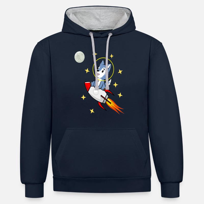 Loup dans l’espace - Sweat à capuche contrasté - bleu marine/gris chiné
