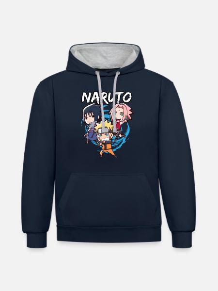 Naruto Shippuden Naruto, Sakura & Sasuke As Chibi - Felpa con cappuccio in contrasto cromatico - navy/grigio melange
