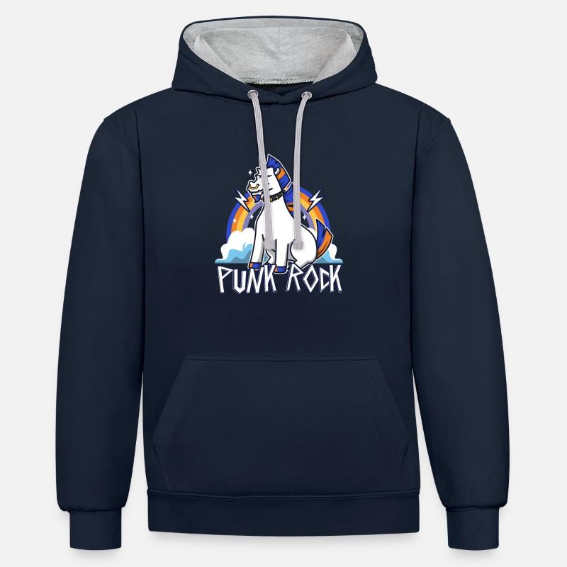Licorne punk rock - Sweat à capuche contrasté - bleu marine/gris chiné