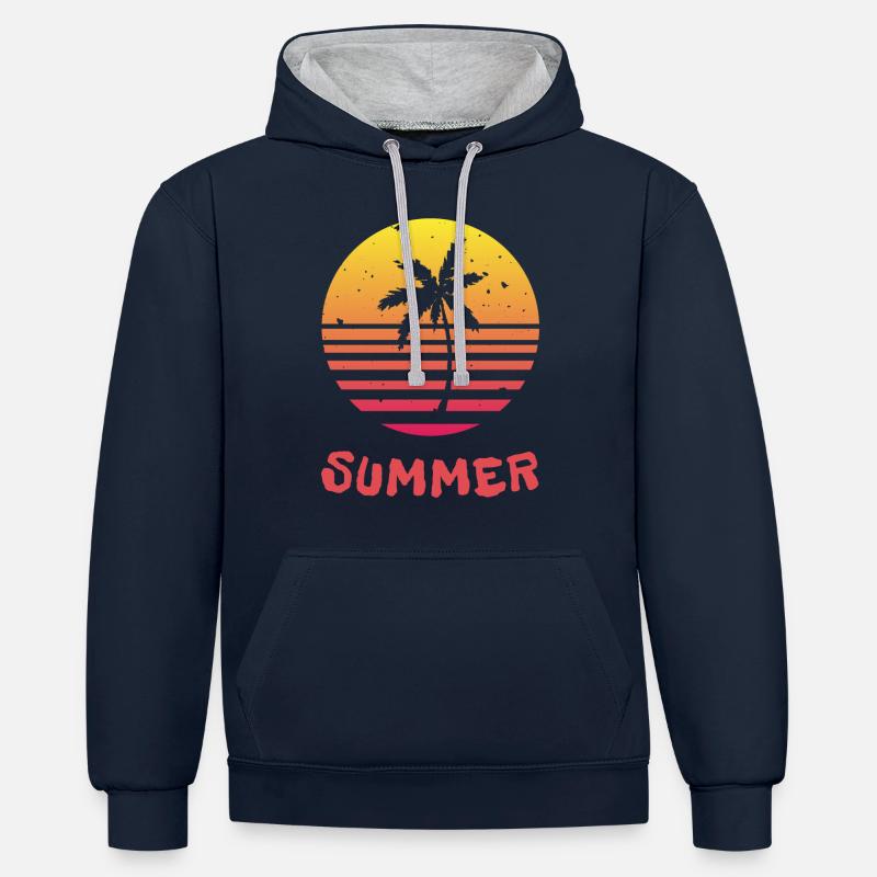 Palmiers du coucher du soleil - Sweat à capuche contrasté - bleu marine/gris chiné