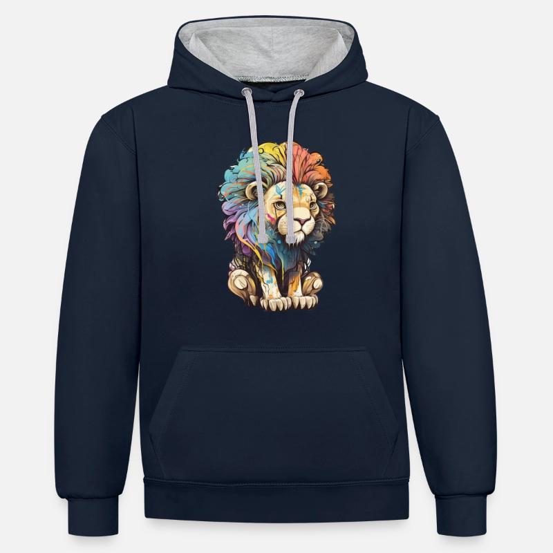 Dessin abstrait du lion - Sweat à capuche contrasté - bleu marine/gris chiné