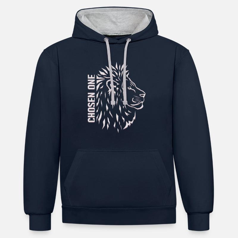 Auserwählter – Stilisierter Löwenkopf - Kontrast-Hoodie - Navy/Grau meliert