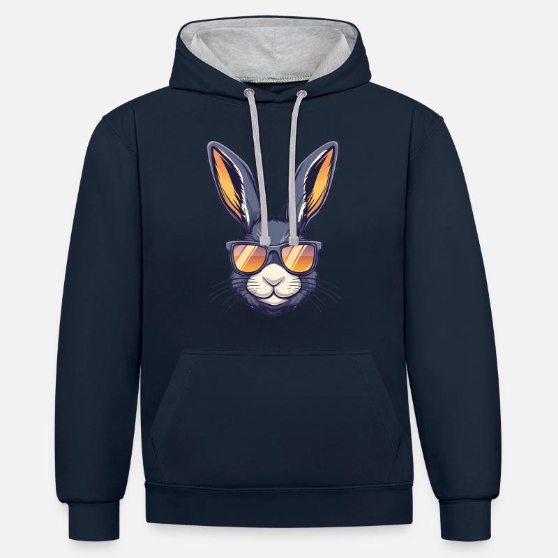 Lapin avec lunettes de soleil - Sweat à capuche contrasté - bleu marine/gris chiné