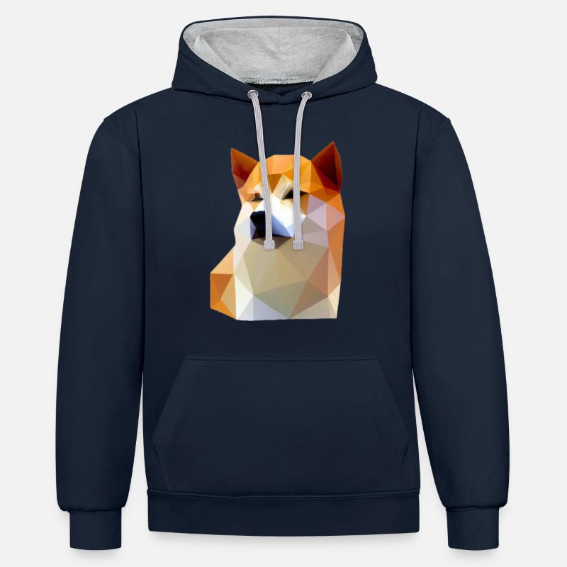 Faible Poly Shiba Inu Chien - Sweat à capuche contrasté - bleu marine/gris chiné