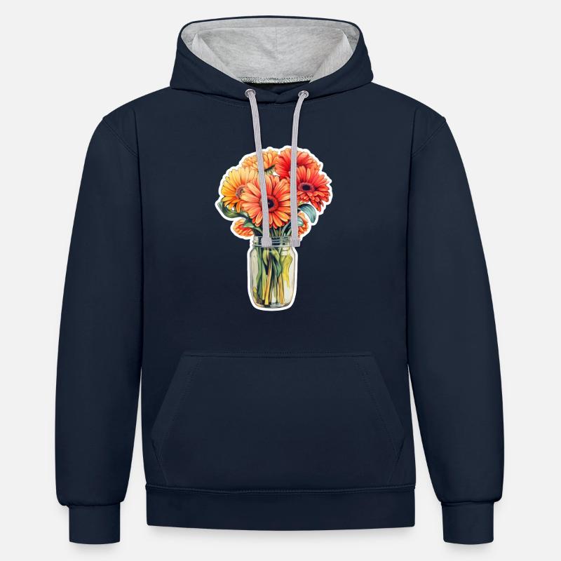 Marguerites Gerbera - Sweat à capuche contrasté - bleu marine/gris chiné