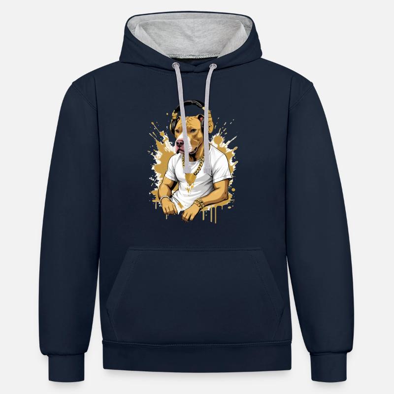 Chien bouledogue avec écouteurs - Sweat à capuche contrasté - bleu marine/gris chiné