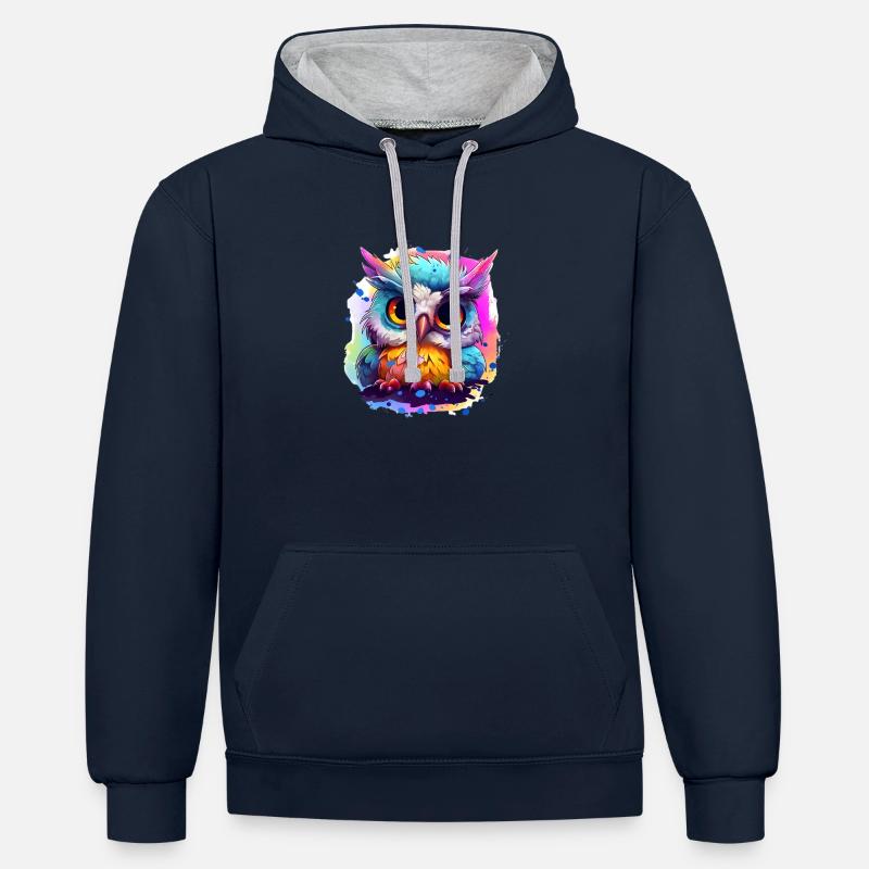 Niedliche Wachsame Eule | Nachtschwärmer Eule - Kontrast-Hoodie - Navy/Grau meliert
