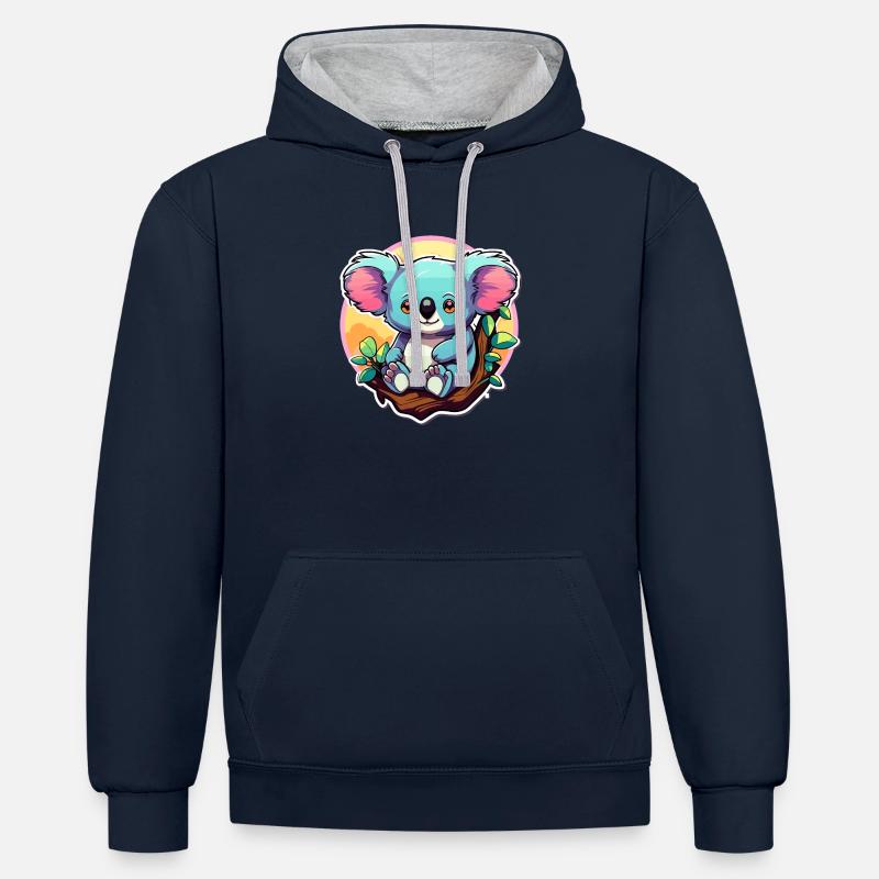 Dessin de koala - Sweat à capuche contrasté - bleu marine/gris chiné