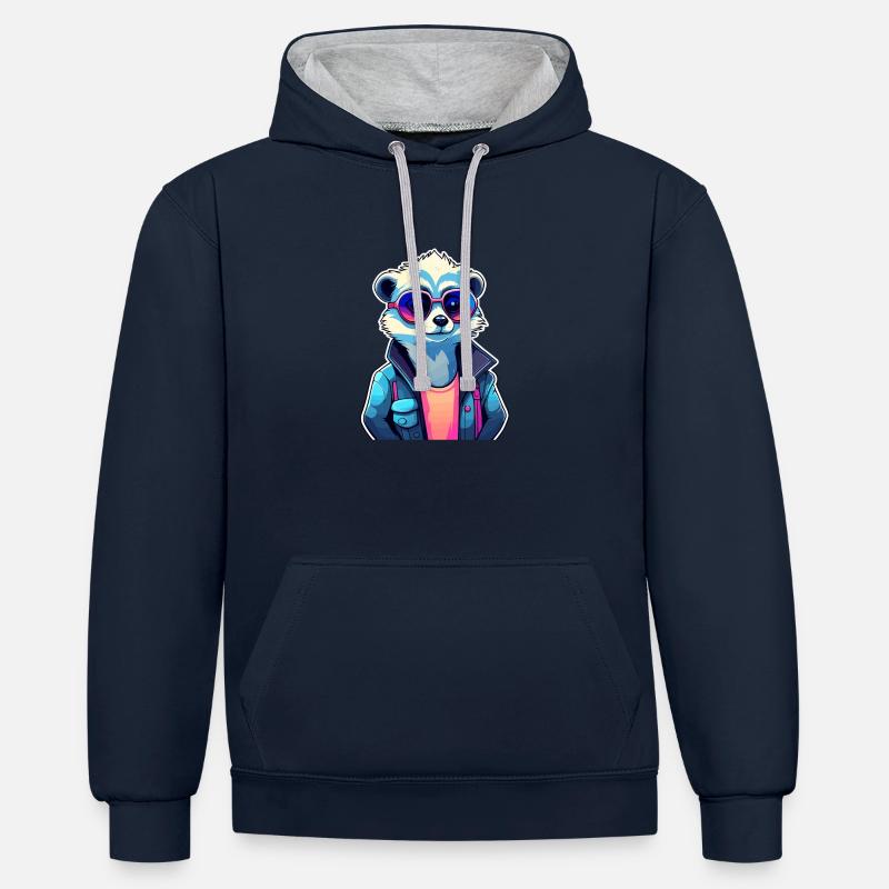 Dessin de suricate - Sweat à capuche contrasté - bleu marine/gris chiné