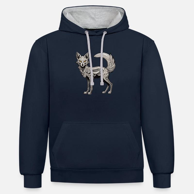 Illustration de squelette de renard - Sweat à capuche contrasté - bleu marine/gris chiné