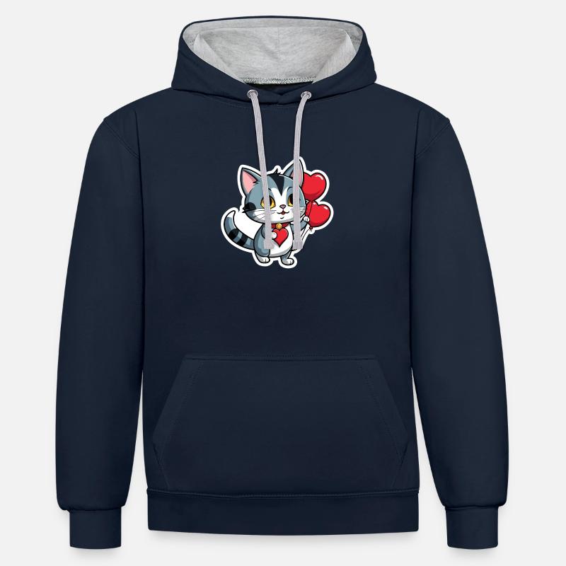 Coeur de chat - Saint-Valentin - Sweat à capuche contrasté - bleu marine/gris chiné