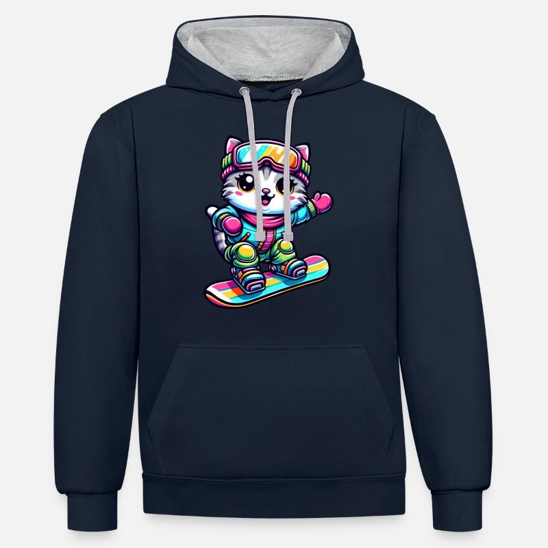 Chat Snowboard Snowboarder Mignon - Sweat à capuche contrasté - bleu marine/gris chiné