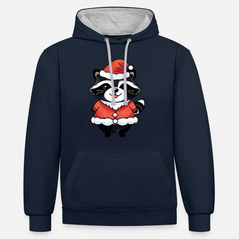 Raton laveur Noël Aquarelles - Sweat à capuche contrasté - bleu marine/gris chiné