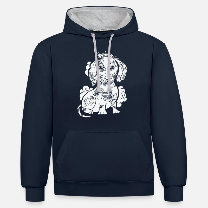 teckel tatoué avec du caractère - Sweat à capuche contrasté - bleu marine/gris chiné