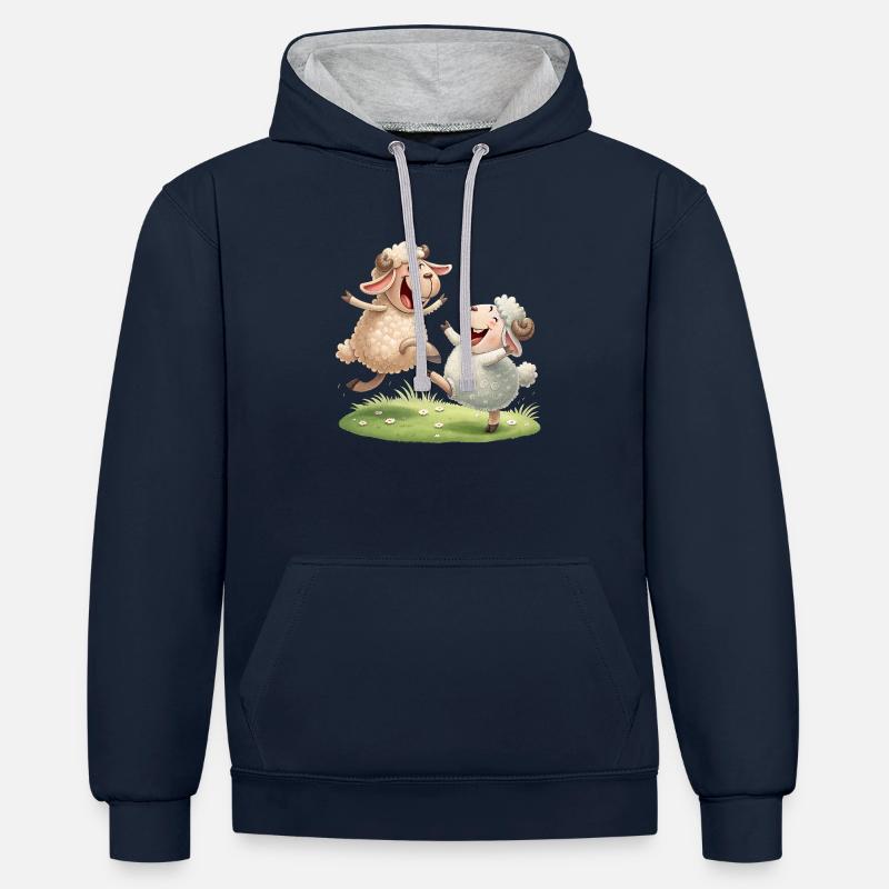 Duo de moutons joyeux - Sweat à capuche contrasté - bleu marine/gris chiné