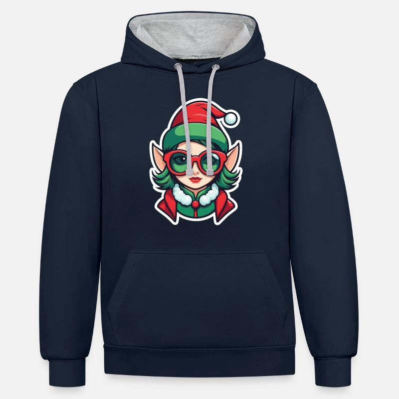 Dessin de Noël elfe - Sweat à capuche contrasté - bleu marine/gris chiné