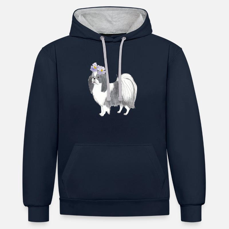 Menton japonais avec fleur - Sweat à capuche contrasté - bleu marine/gris chiné