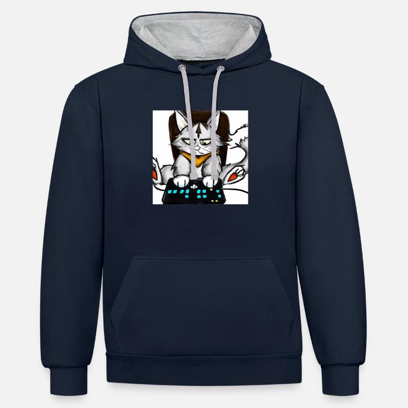 cat playing computer games comic - Kontrast-Hoodie - Navy/Grau meliert