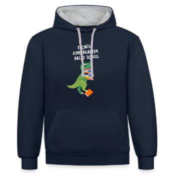 Tschüss Kindergarten, Hallo Schule. Dinosaurier - Kontrast-Hoodie - Navy/Grau meliert - Vorne - Nico (186cm)