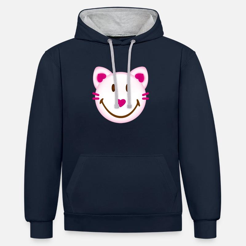 Smiley Cat - Sweat à capuche contrasté - bleu marine/gris chiné