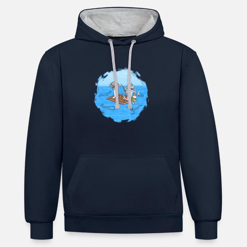 Requins sur radeau - Sweat à capuche contrasté - bleu marine/gris chiné