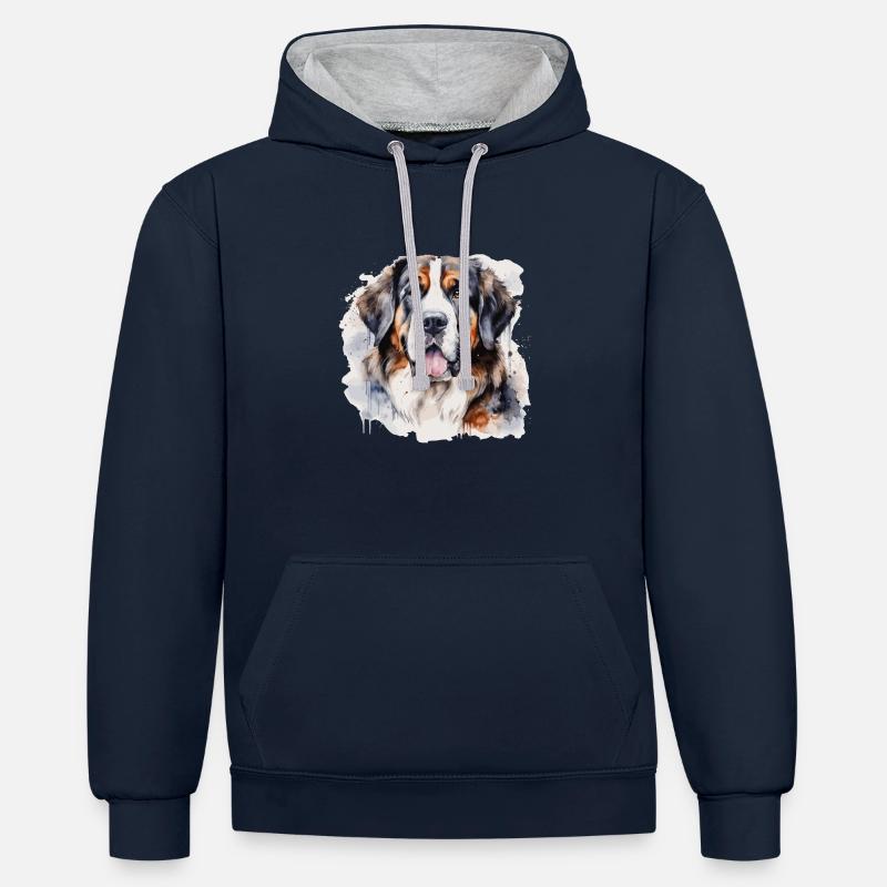 Chien Saint Bernard, suisse - Sweat à capuche contrasté - bleu marine/gris chiné