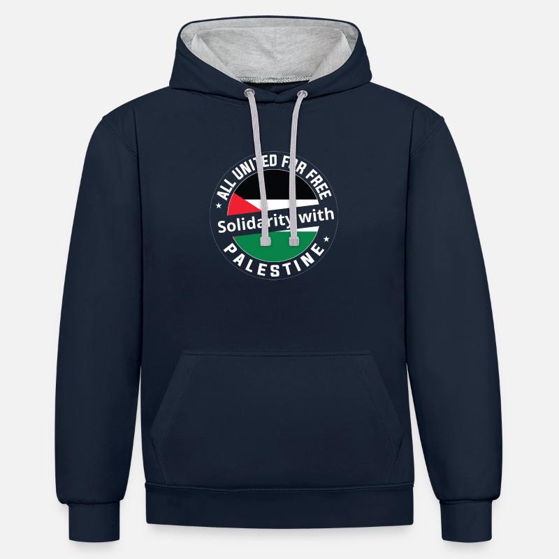 Solidarité avec la Palestine. - Sweat à capuche contrasté - bleu marine/gris chiné
