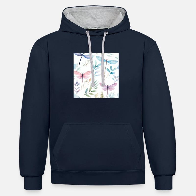 Libellule à l’aquarelle - Sweat à capuche contrasté - bleu marine/gris chiné