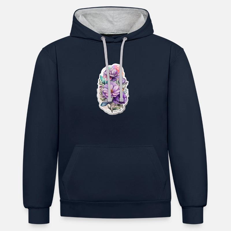 Fleur sauvage bleue - Sweat à capuche contrasté - bleu marine/gris chiné