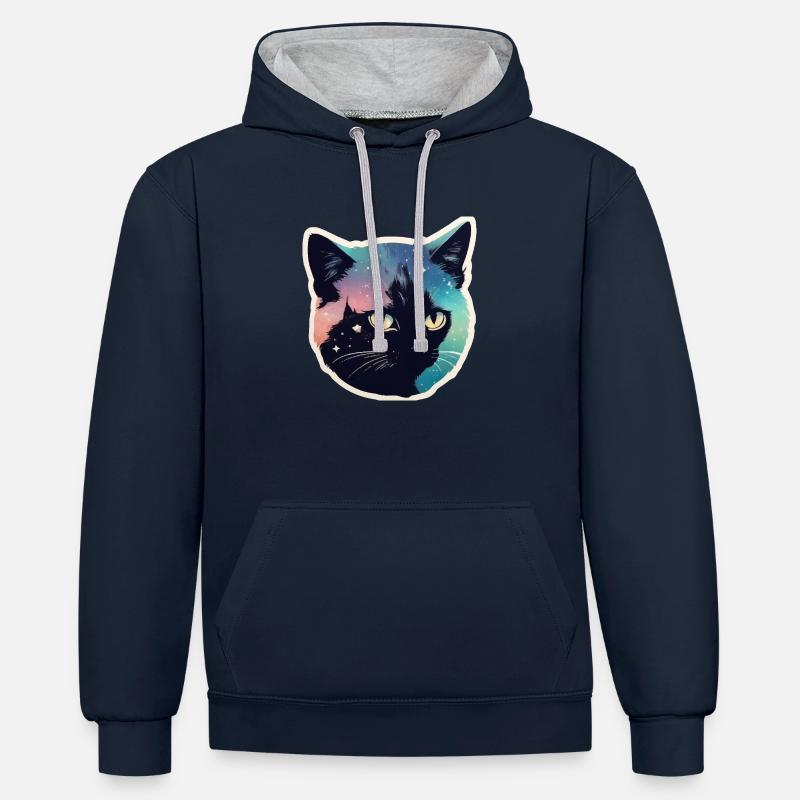 Chat dans les étoiles - Sweat à capuche contrasté - bleu marine/gris chiné