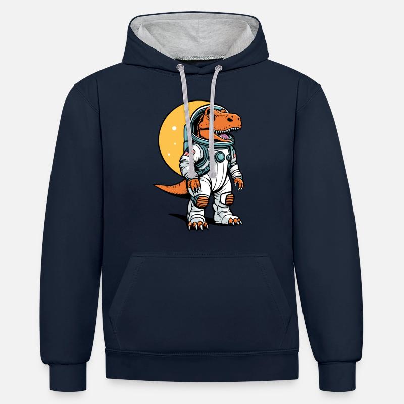 Illustration d’astronaute dinosaure - Sweat à capuche contrasté - bleu marine/gris chiné