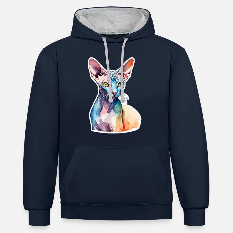 Sphynx Chat Aquarelles - Sweat à capuche contrasté - bleu marine/gris chiné