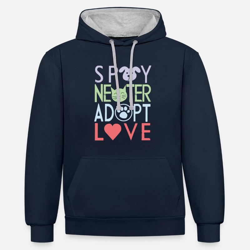 Spay, nouveau, adopter, aimer - Sweat à capuche contrasté - bleu marine/gris chiné