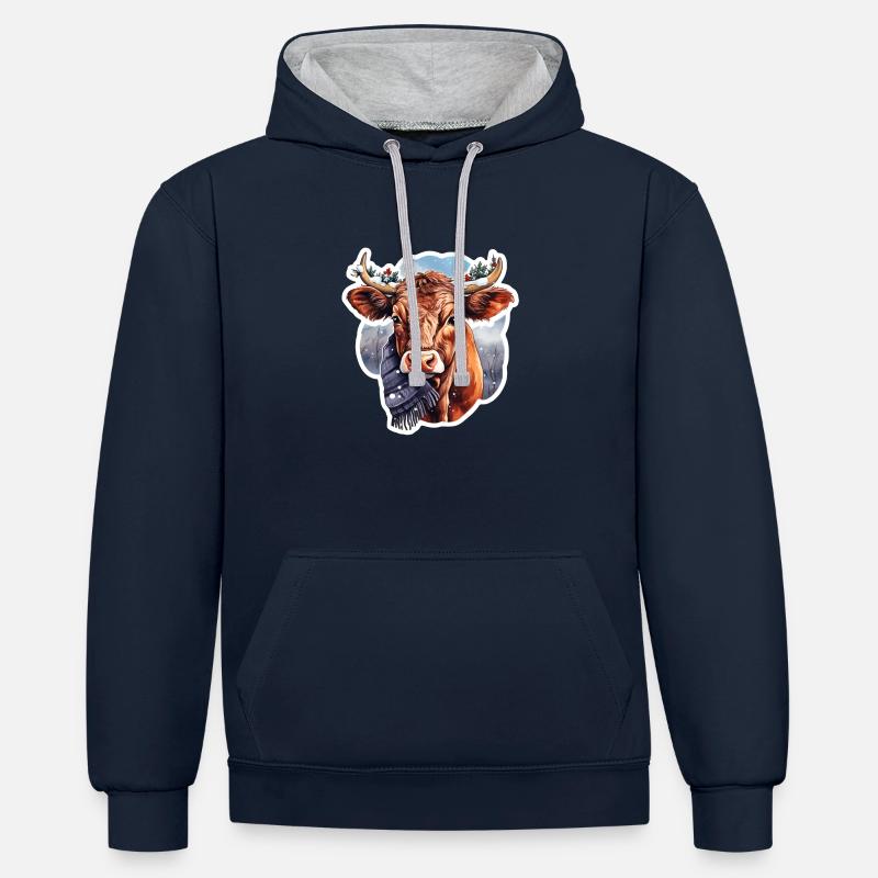 Weihnachtskuh - Kontrast-Hoodie - Navy/Grau meliert