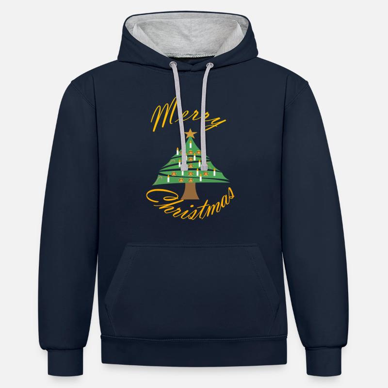 Weihnachtsbild mit Weihnachtsbaum - Kontrast-Hoodie - Navy/Grau meliert