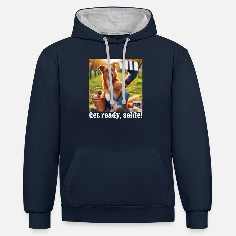 Prépare-toi, selfie-5 - Sweat à capuche contrasté - bleu marine/gris chiné
