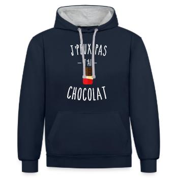 je peux pas j'ai chocolat - tablette - chocolat - Sweat à capuche contrasté - bleu marine/gris chiné - Devant - Nico (186cm)