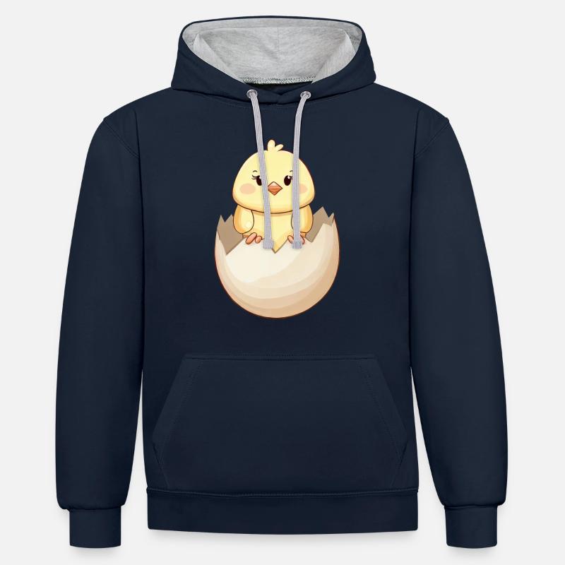 Poussin kawaii mignon, éclosion de la coquille d’œuf - Sweat à capuche contrasté - bleu marine/gris chiné