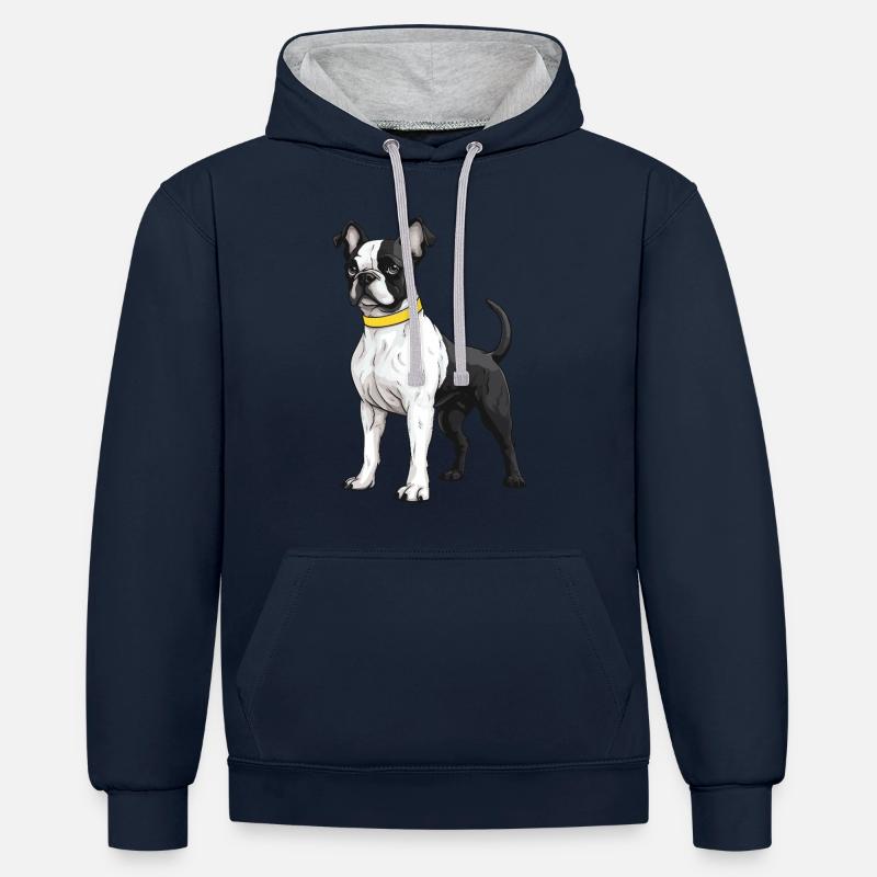 Bouledogue français Chien - Sweat à capuche contrasté - bleu marine/gris chiné
