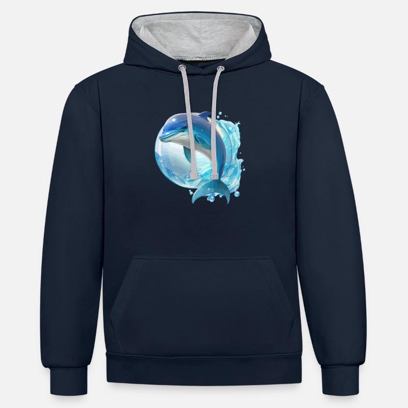 Le dauphin - Sweat à capuche contrasté - bleu marine/gris chiné