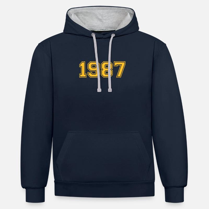 1987 - Sweat à capuche contrasté - bleu marine/gris chiné