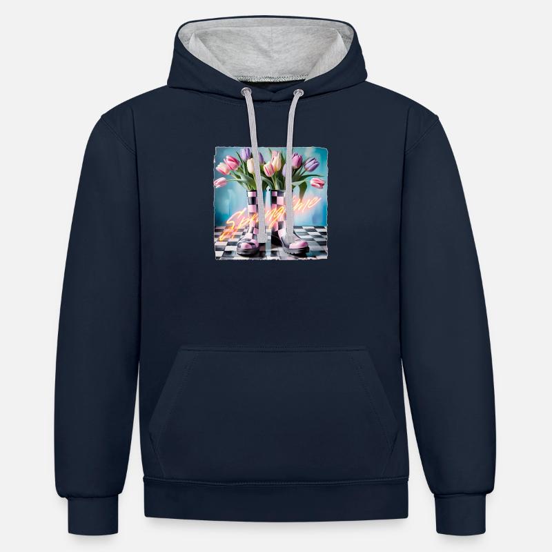 C’est le printemps... - Sweat à capuche contrasté - bleu marine/gris chiné