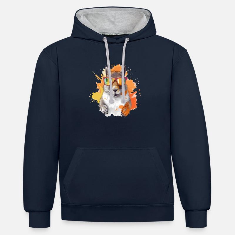 Tom, das Eichhörnchen mit Brille - Kontrast-Hoodie - Navy/Grau meliert