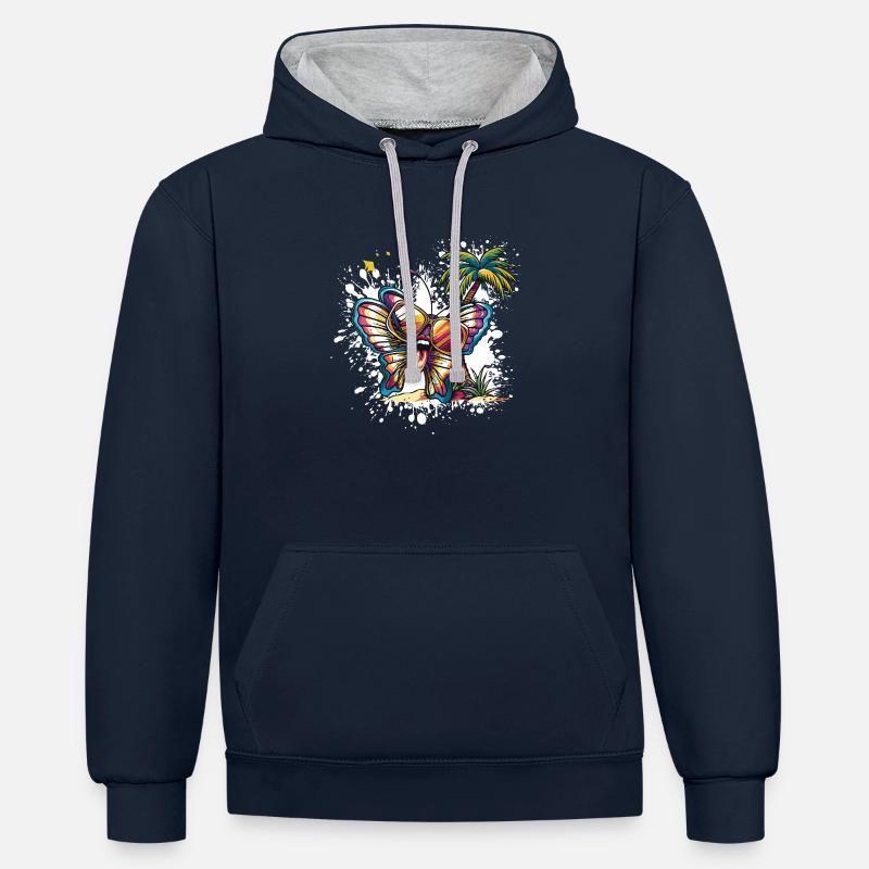 Vacances d’été papillon - Sweat à capuche contrasté - bleu marine/gris chiné