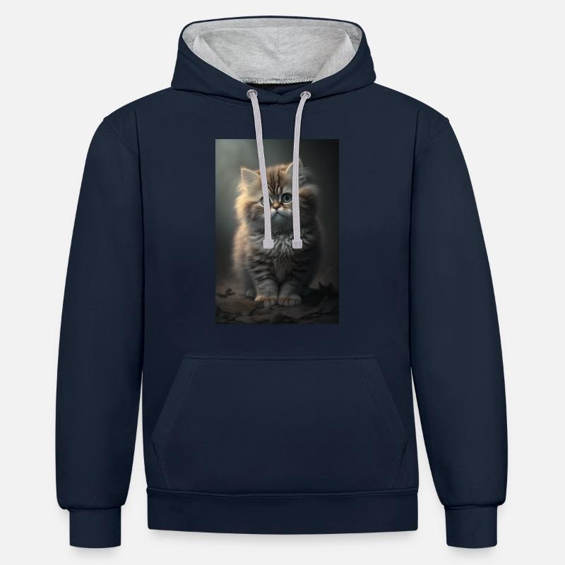 Chat - Sweat à capuche contrasté - bleu marine/gris chiné